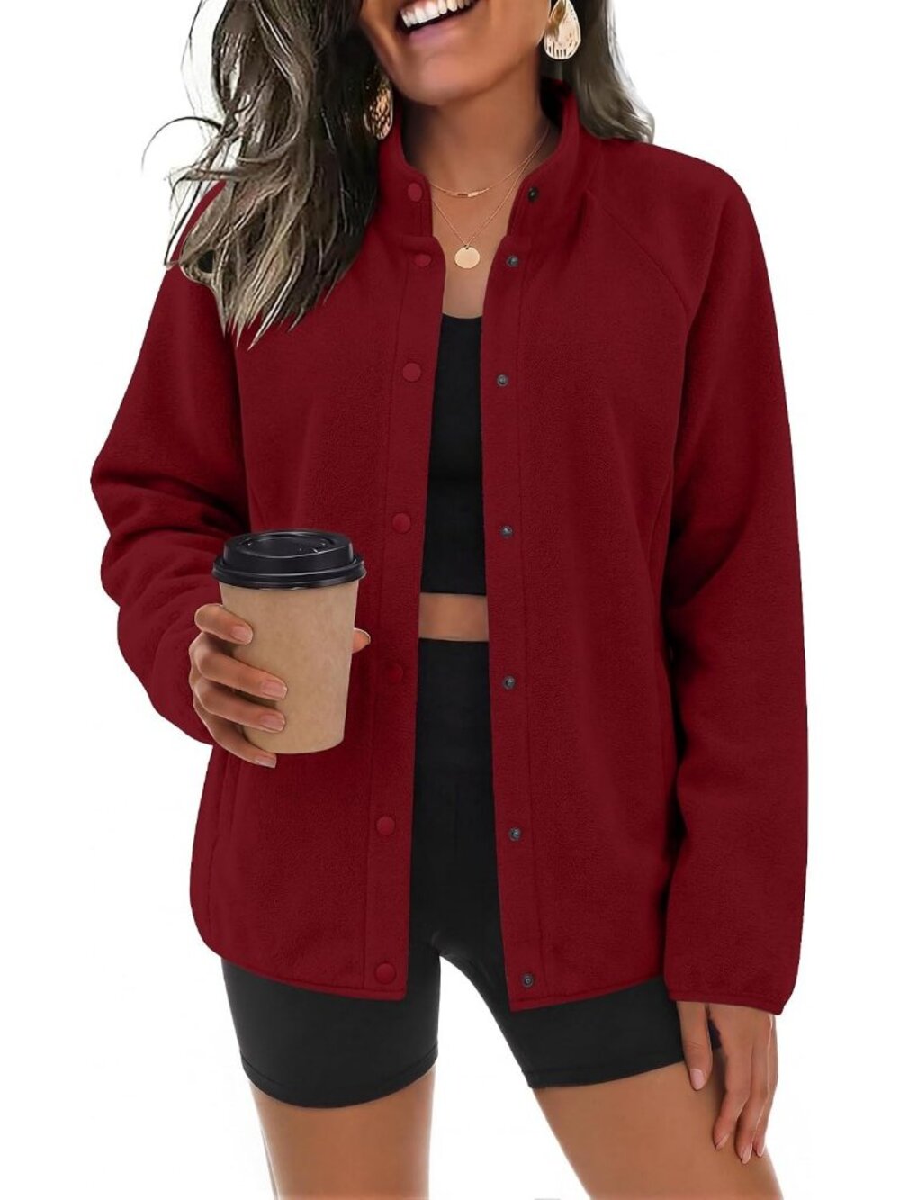 Women's Dark Red Fleece Jackets Fall Clothe Button Winter Coat with Pockets